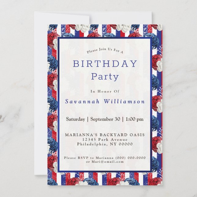 Invitación Aniversario de la franja de Rosa azul rojo patriót (Anverso)