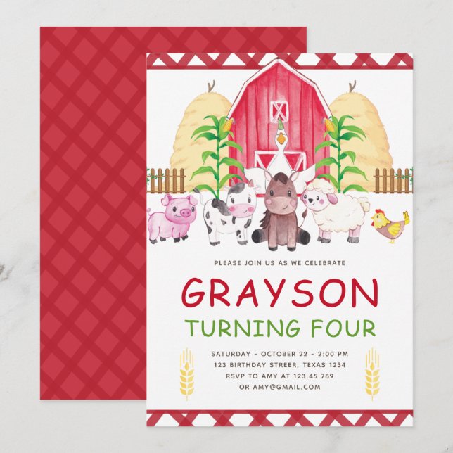 Invitación Aniversario de la granja Cute Watercolor (Anverso / Reverso)