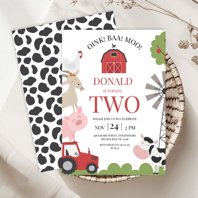Invitación Aniversario de la granja de Oink Baa Moo de Tracto (Red Tractor Barnyard Birthday Invitation Template, Farm Birthday Invitation Boy, Red Barn Farmyard)