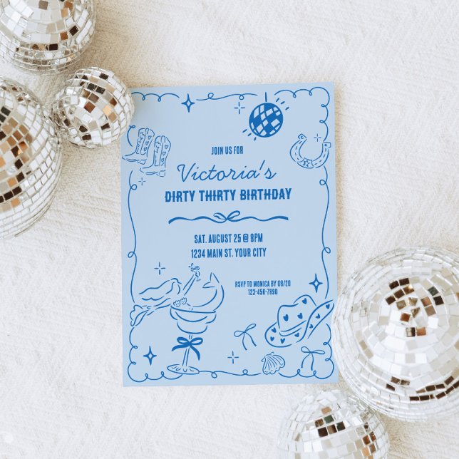 Invitación Aniversario de la Hermosa Vaquera Costera (Whimsical Doodle Coastal Cowgirl Birthday Invite)