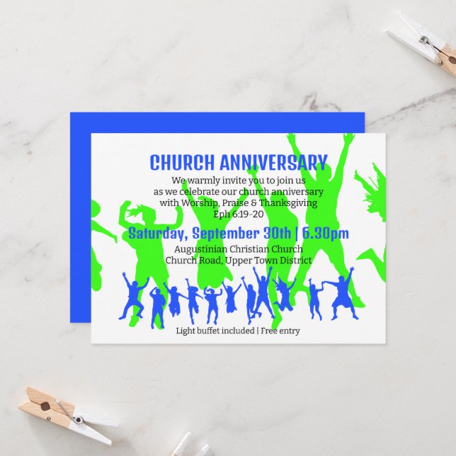 Invitación ANIVERSARIO DE LA IGLESIA verde azul moderna (Anverso/Reverso In Situ)