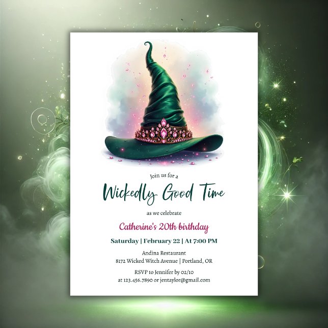 Invitación Aniversario de la magnífica Gorra de la Hermandad  (Whimsical Crown & Green Wicked Witch Hat Birthday Invitation)
