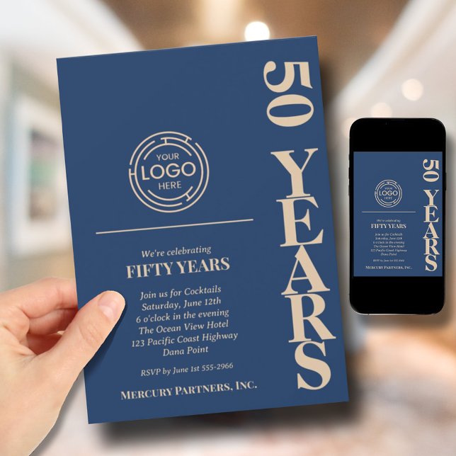Invitación Aniversario de la Marina con logotipo de negocios  (Business Logo Anniversary Invitations - navy blue and light gold. Printed and/or Instant Download)