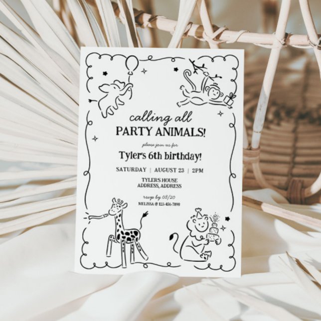 Invitación Aniversario de la muerte de animales de Safari en  (Calling All Party Animals Kids Safari Birthday Invite)