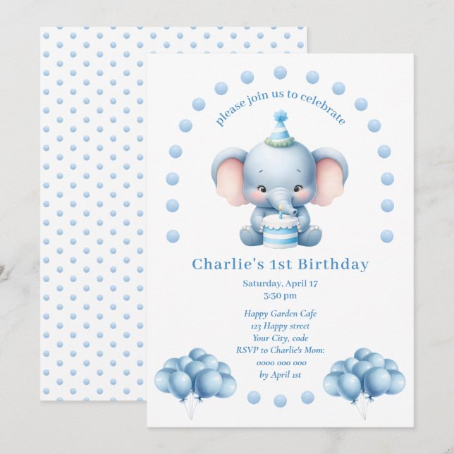 Invitación Aniversario de la muerte de niños elefantes azules (Anverso / Reverso)