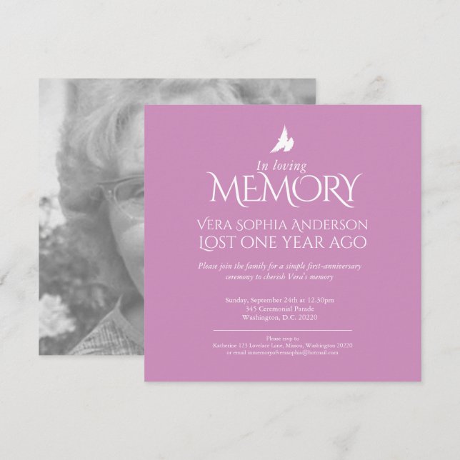 Invitación Aniversario de la muerte Doña blanca rosa foto (Anverso / Reverso)