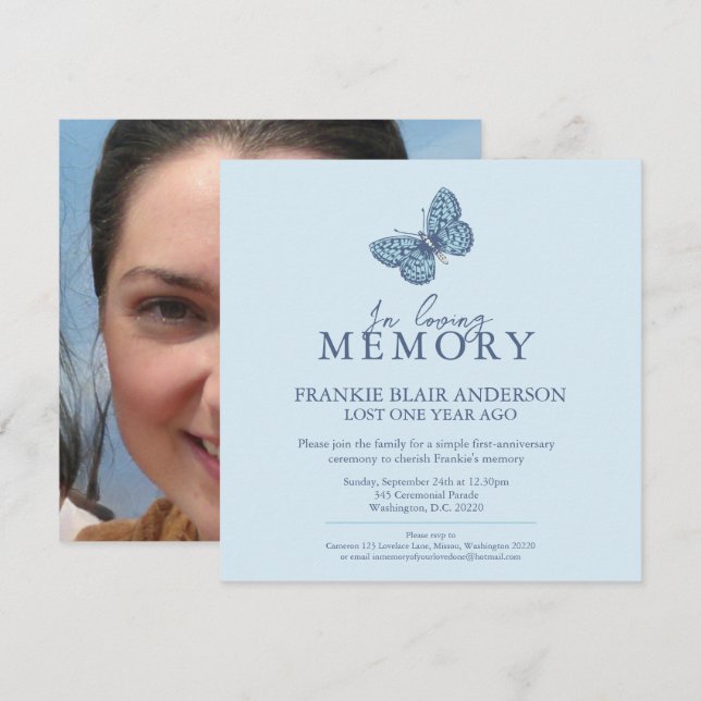 Invitación Aniversario de la muerte foto de una mariposa blan (Anverso / Reverso)