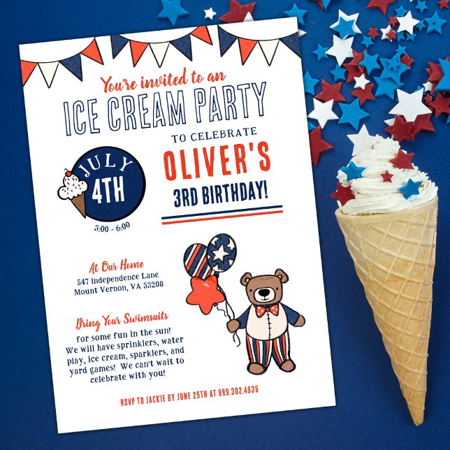 Invitación Aniversario de la natalidad de la Crema de Hielo d (July Birthday Ice Cream Party Invitaiton)