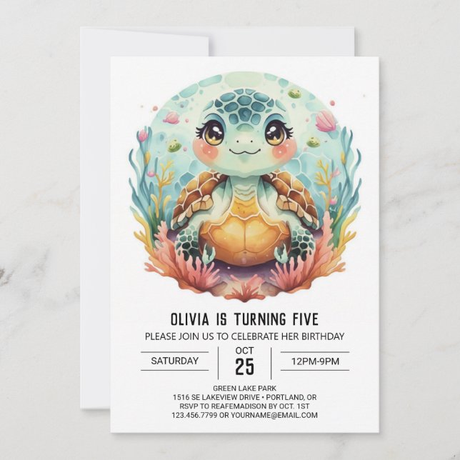 Invitación Aniversario de la natalidad de una tortuga diverti (Anverso)