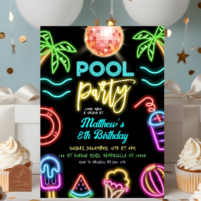 Invitación Aniversario de la natalidad del Fiesta Neon Pool (Subido por el creador)