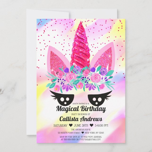 Invitación Aniversario de la natalidad del Purpurina floral d (Anverso)
