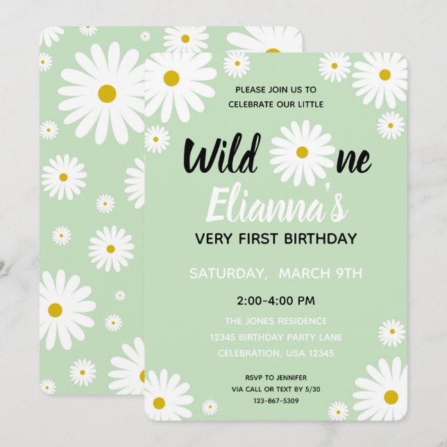 Invitación Aniversario de la niña de la flor de margarita Wil (Anverso / Reverso)