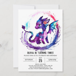 Invitación Aniversario de la niña digital Dragon Pintada Simp