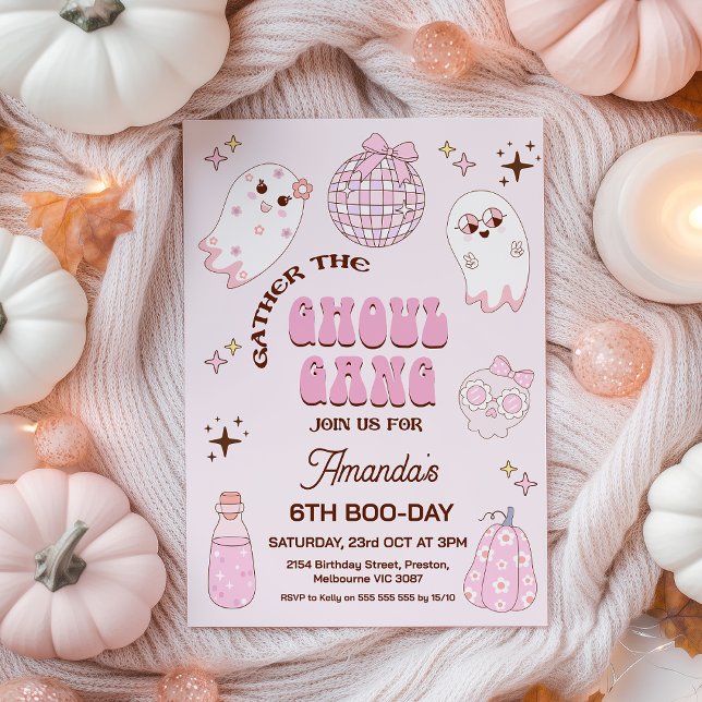 Invitación Aniversario de la pandilla de Halloween del Rosa R (Ghoul Gang Invitation, Retro Pink Ghoul Gang Halloween Birthday Invitation, Groovy Ghosts Ghoul Gang)