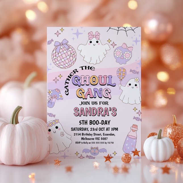 Invitación Aniversario de la Pandilla de Ola Rosa Retro Hallo (Halloween Ghoul Gang Birthday Invitation, Retro Purple Pink Ghoul Gang Halloween Birthday Invitation)