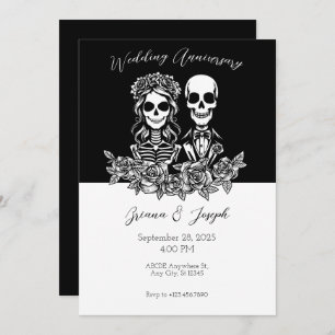 Invitación Aniversario de la pareja de cráneos negros y blanc