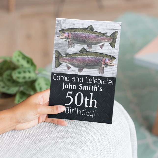 Invitación Aniversario de la pesca de trucha arco iris al air (Rainbow trout fishing double-sided birthday invitation.)