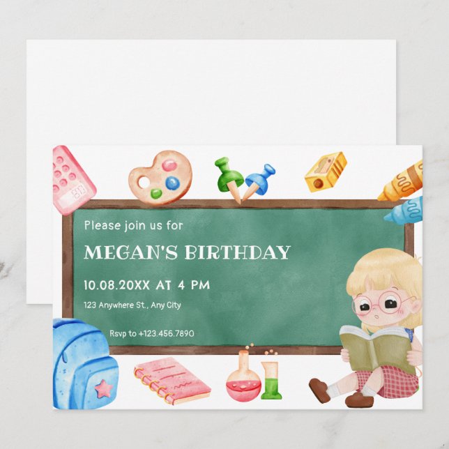 Invitación Aniversario de la pizarra del chica de la escuela (Anverso / Reverso)