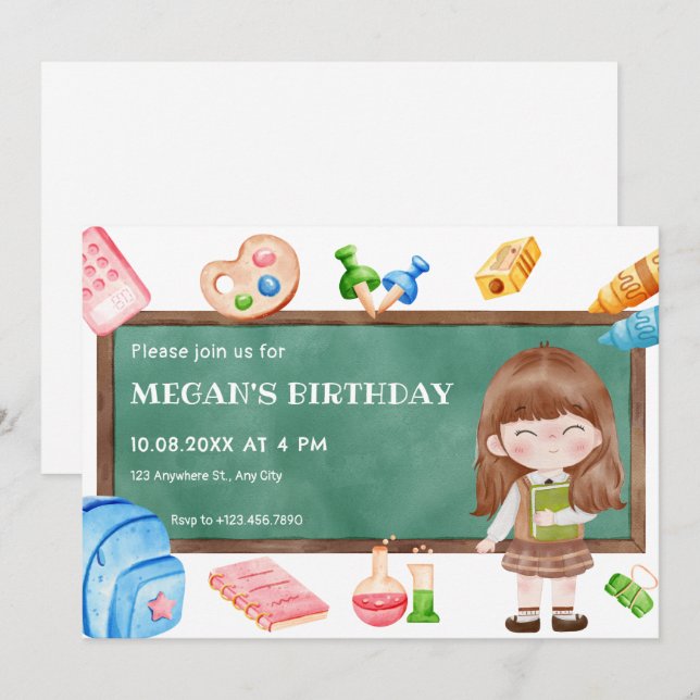 Invitación Aniversario de la pizarra del chica de la escuela (Anverso / Reverso)