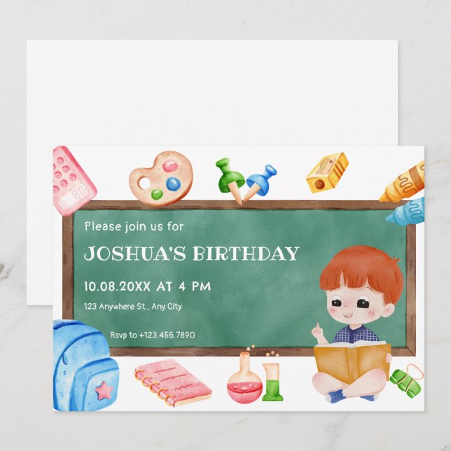 Invitación Aniversario de la pizarra del chico de la escuela (Anverso / Reverso)