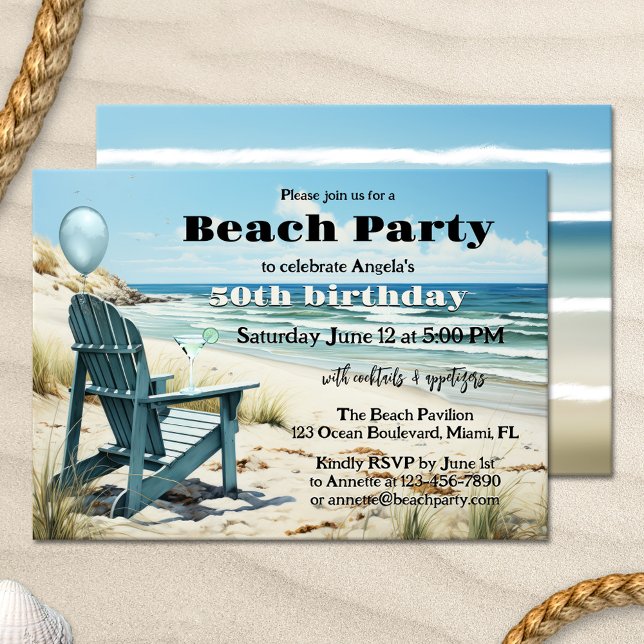 Invitación Aniversario de la playa Fiesta de cócteles de vera (Beach cocktail party invitation featuring a lounge chair in the dunes, overlooking the ocean)