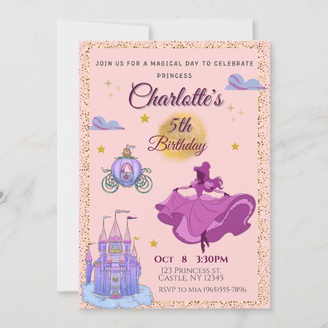 Invitación Aniversario de la princesa mágica - Rosa (Anverso)