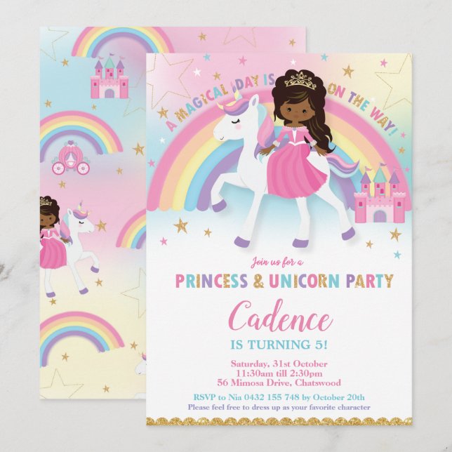 Invitación Aniversario de la Princesa y Unicornio de América (Anverso / Reverso)