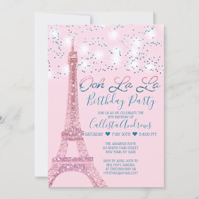 Invitación Aniversario de la Purpurina de la Torre Eiffel Ros (Anverso)