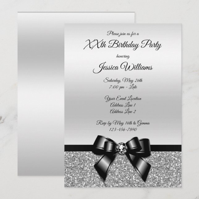 Invitación Aniversario de la Purpurina de Plata y Bow Negros (Anverso / Reverso)