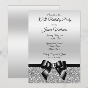 Invitación Aniversario de la Purpurina de Plata y Bow Negros