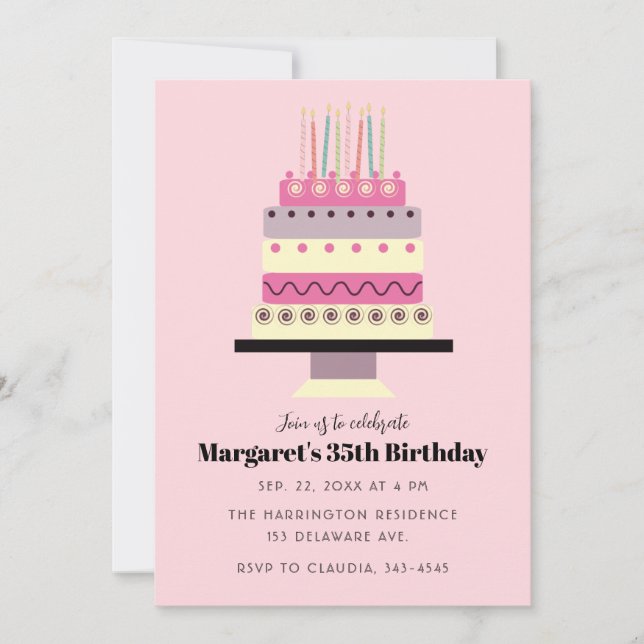 Invitación Aniversario de la tarta de Pastel Cute de Inspirac (Anverso)