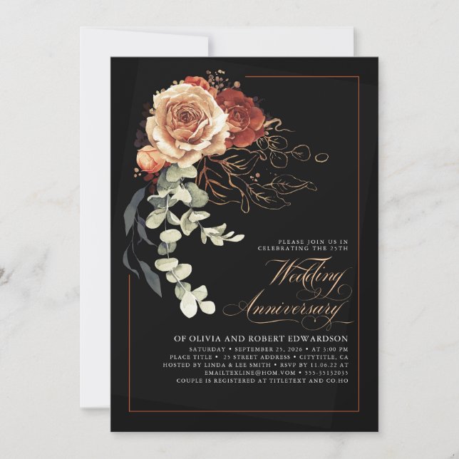 Invitación Aniversario de la Terracota y el Boda floral negro (Anverso)