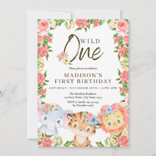 Invitación Aniversario de las flores rosadas de animales salv