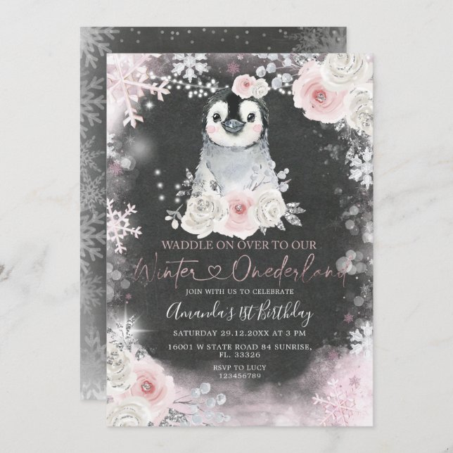 Invitación Aniversario de las flores rosadas del pingüino de  (Anverso / Reverso)