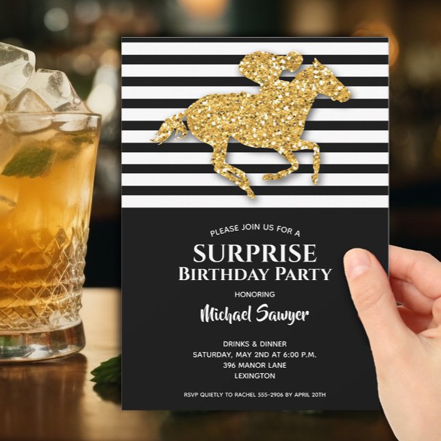 Invitación Aniversario de las franjas blancas de los caballos (Gold Racehorse on Black and White Stripes Birthday Invitations - PRINTED and/or INSTANT DOWNLOAD)