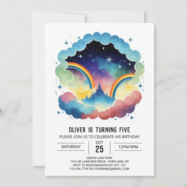 Invitación Aniversario de las nubes simples del arcoiris (Anverso)