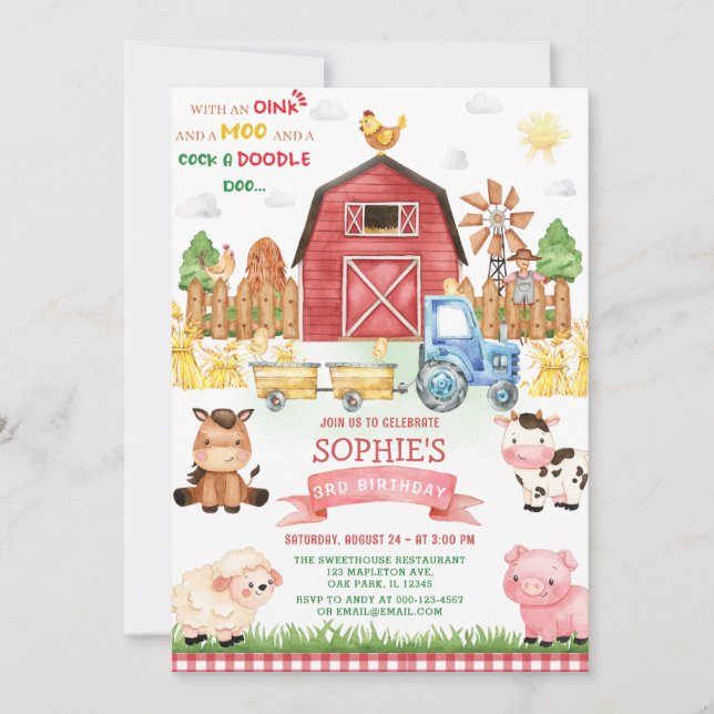 Invitación Aniversario de los animales de granja (Anverso)