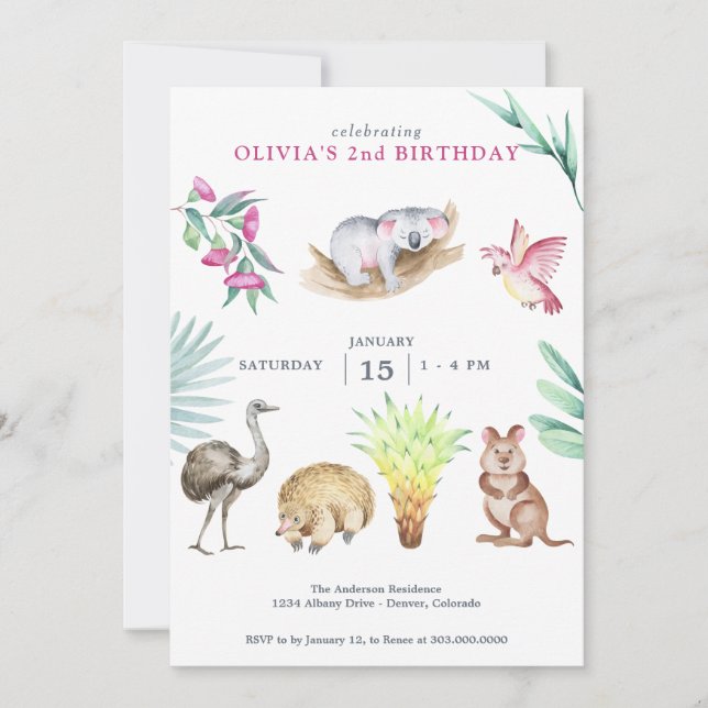 Invitación Aniversario de los animales del zoológico de Austr (Anverso)