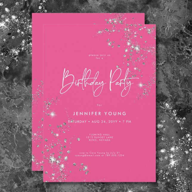Invitación Aniversario de los Diamantes de Glam Blanco Mínimo (Modern Minimal Pink White Glam Diamonds Birthday Invitation)