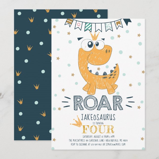 Invitación Aniversario de los dinosaurios ROAR (Anverso / Reverso)