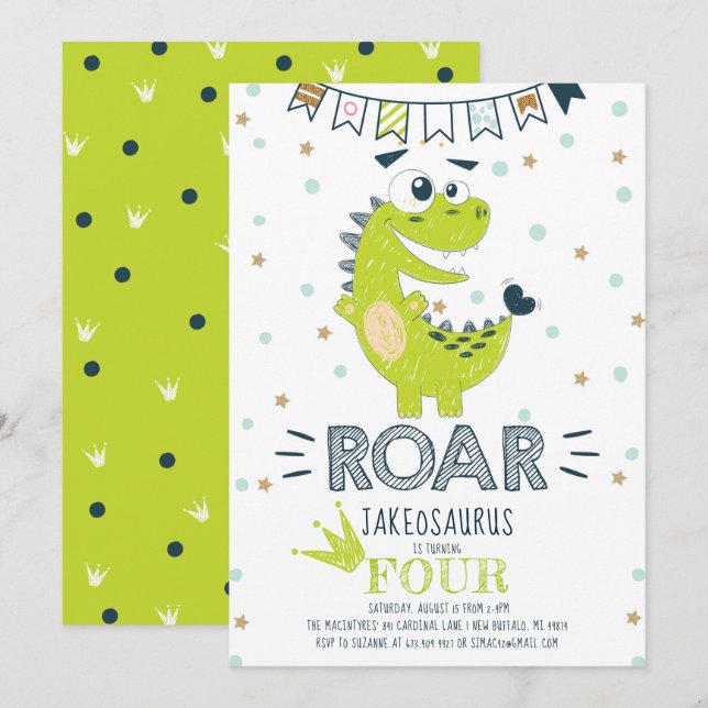 Invitación Aniversario de los dinosaurios verdes ROAR (Anverso / Reverso)