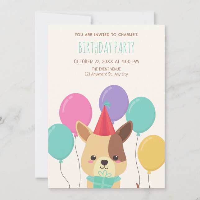 Invitación Aniversario de los globos de cachorro (Anverso)