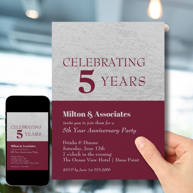 Invitación Aniversario de los negocios Plata borgoñona (Change to ANY YEAR. Order printed and instant download (great to email as a reminder.))