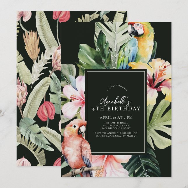 Invitación Aniversario de los niños de loro tropical floral y (Anverso / Reverso)