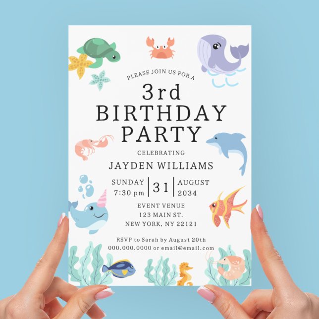 Invitación Aniversario de los niños de los animales del mar d (Cute Sea Animals Kids Birthday Invitation
)