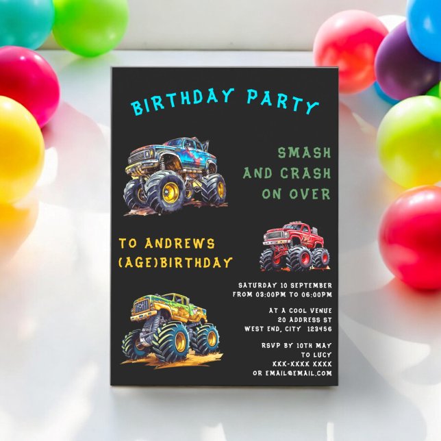 Invitación Aniversario de los niños de los camiones de la div (monster truck birthday theme , fully editable , kids birthday invitation )