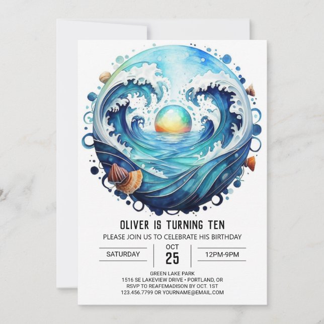 Invitación Aniversario de los niños encantados con agua azul (Anverso)