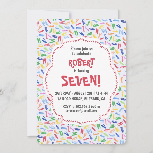 Invitación Aniversario de los niños personalizados del alfabe (Anverso)