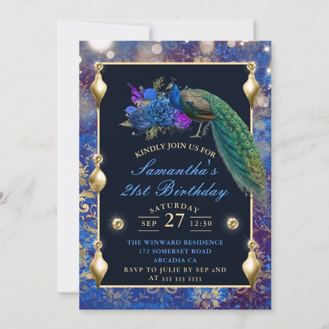Invitación Aniversario de los ornamentos elegantes azul y oro (Anverso)