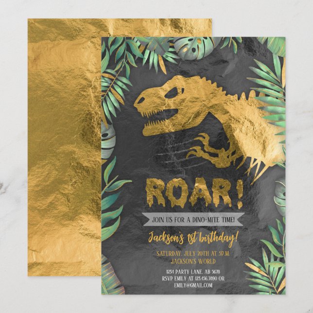 Invitación Aniversario de los reyes de los dinosaurios dorado (Anverso / Reverso)